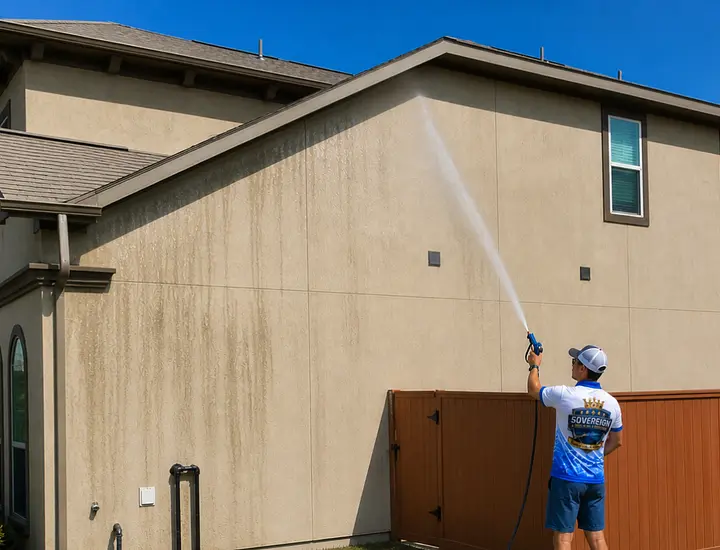 Technician washing the exterior siding of a house