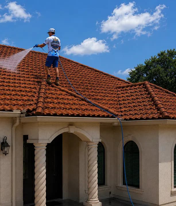 Technician cleaning a terracotta tile roof