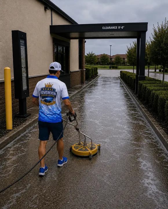 Technician pressure washing a paved entrance outside a building