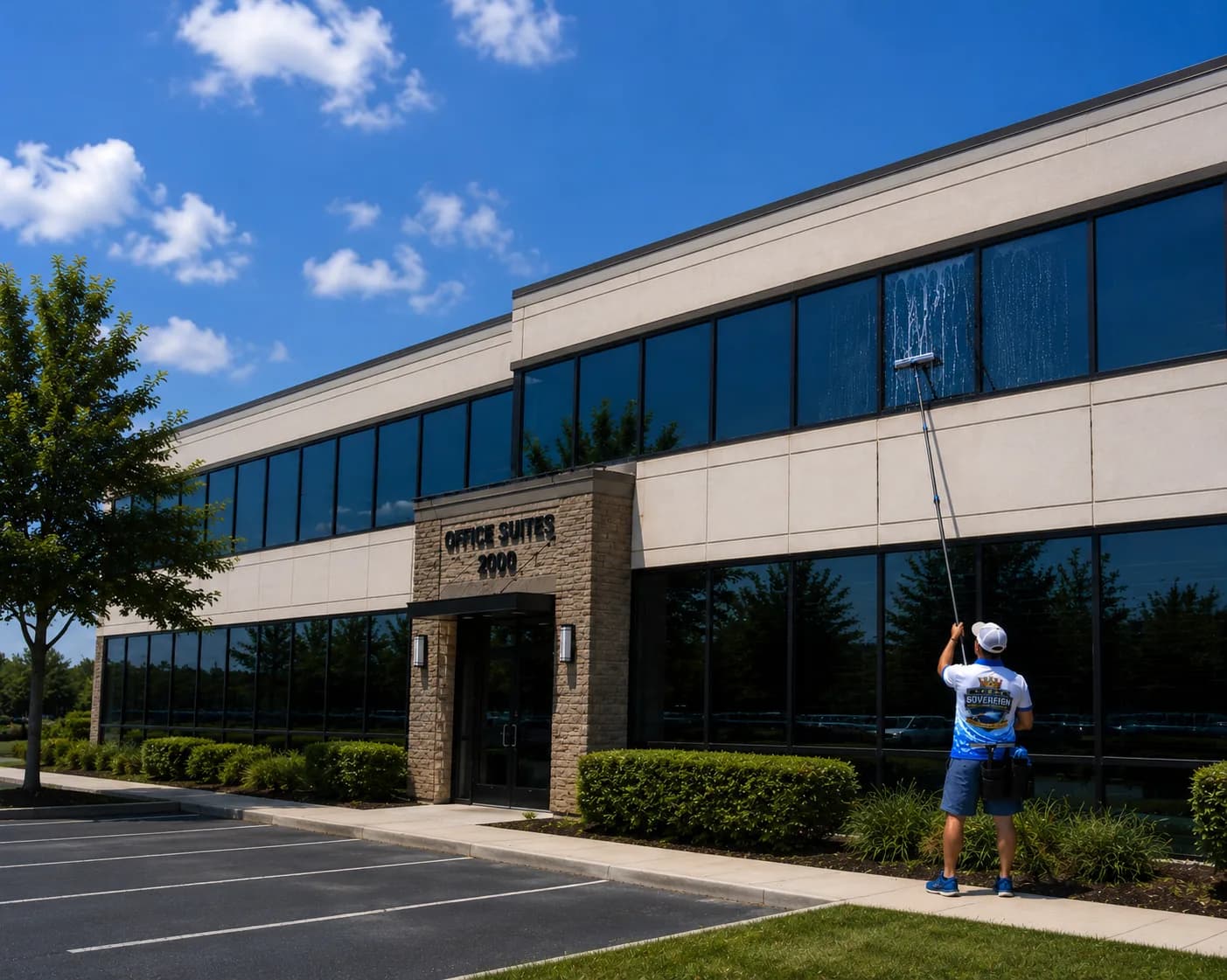 A Sovereign technician cleaning the upper windows of an office building with a water-fed pole