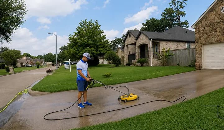 Technician cleaning a concrete driveway with a surface cleaner