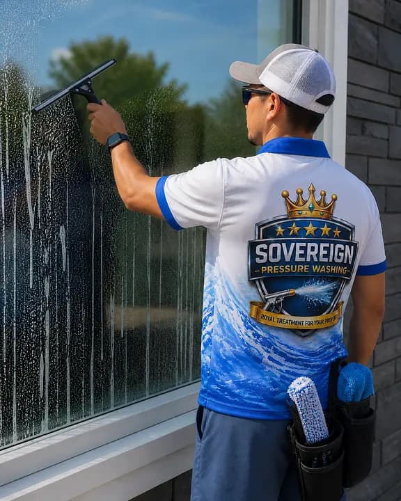 Technician cleaning a window with a squeegee