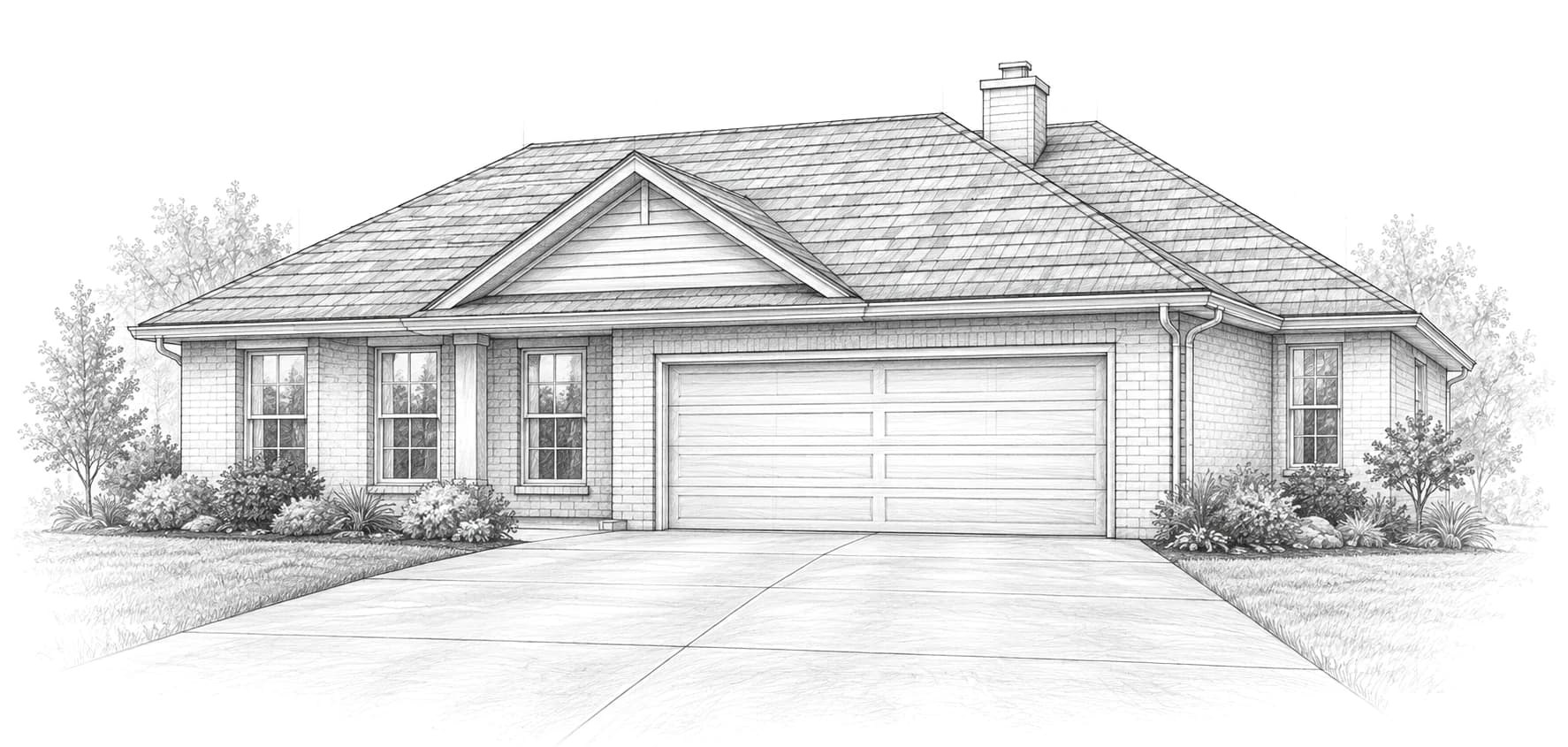 A pencil drawing of a single-storey brick house with a hip roof, gutters, front windows, a two-car garage and a wide concrete driveway
